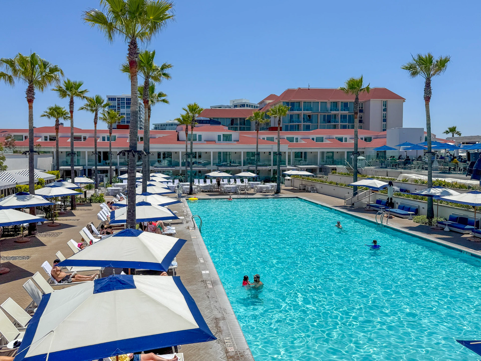 Families play in the pool on a sunny day at Hotel del Coronado.