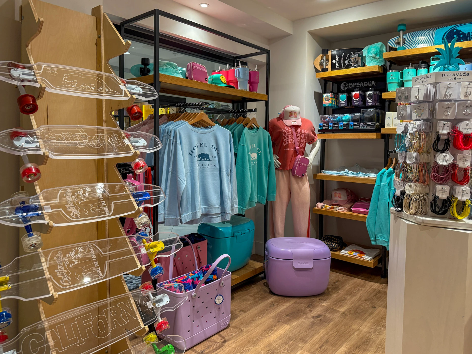 Skateboards and teen oriented gear at Hotel Del Coronado shops.