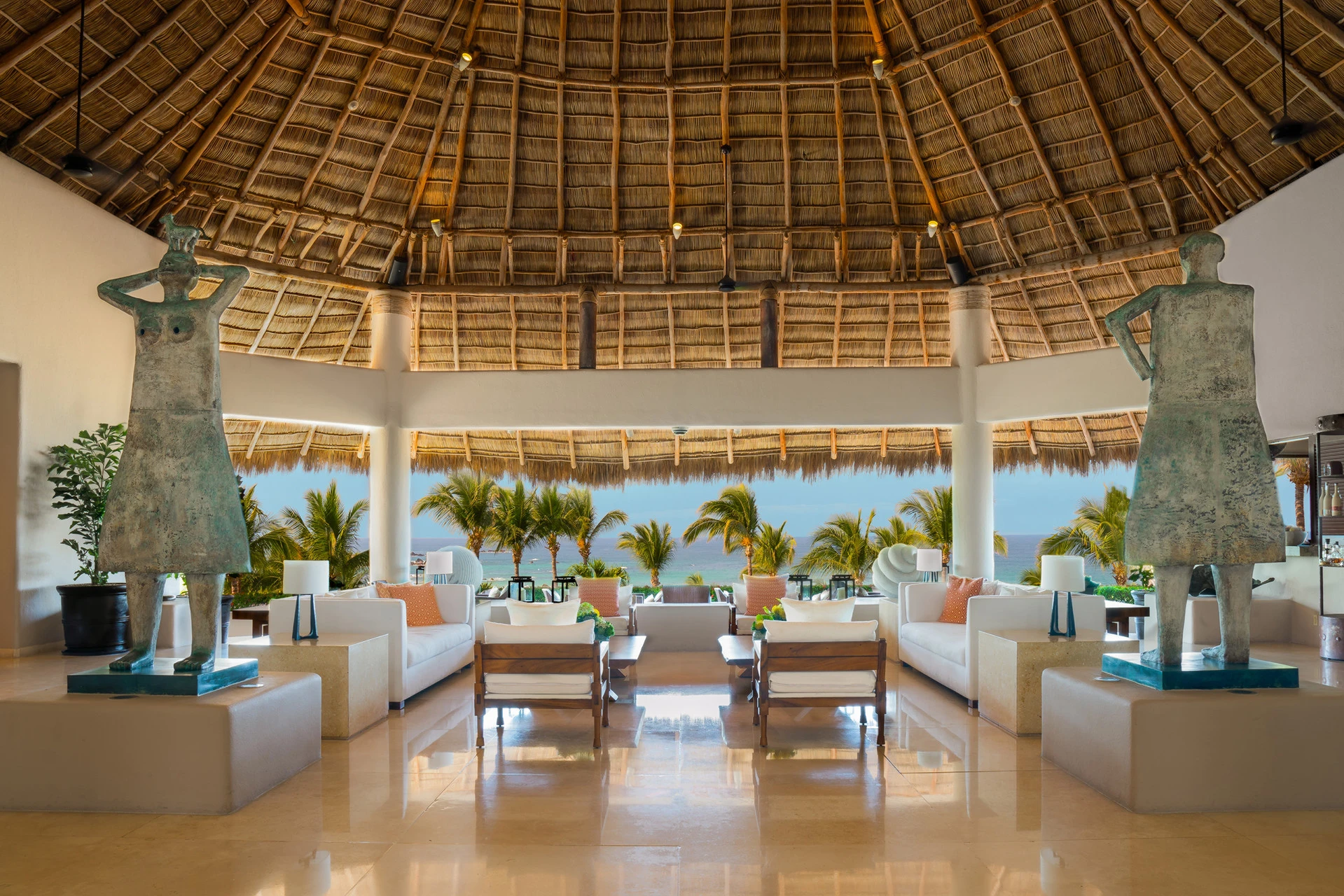 The open-air lobby with views to the ocean.