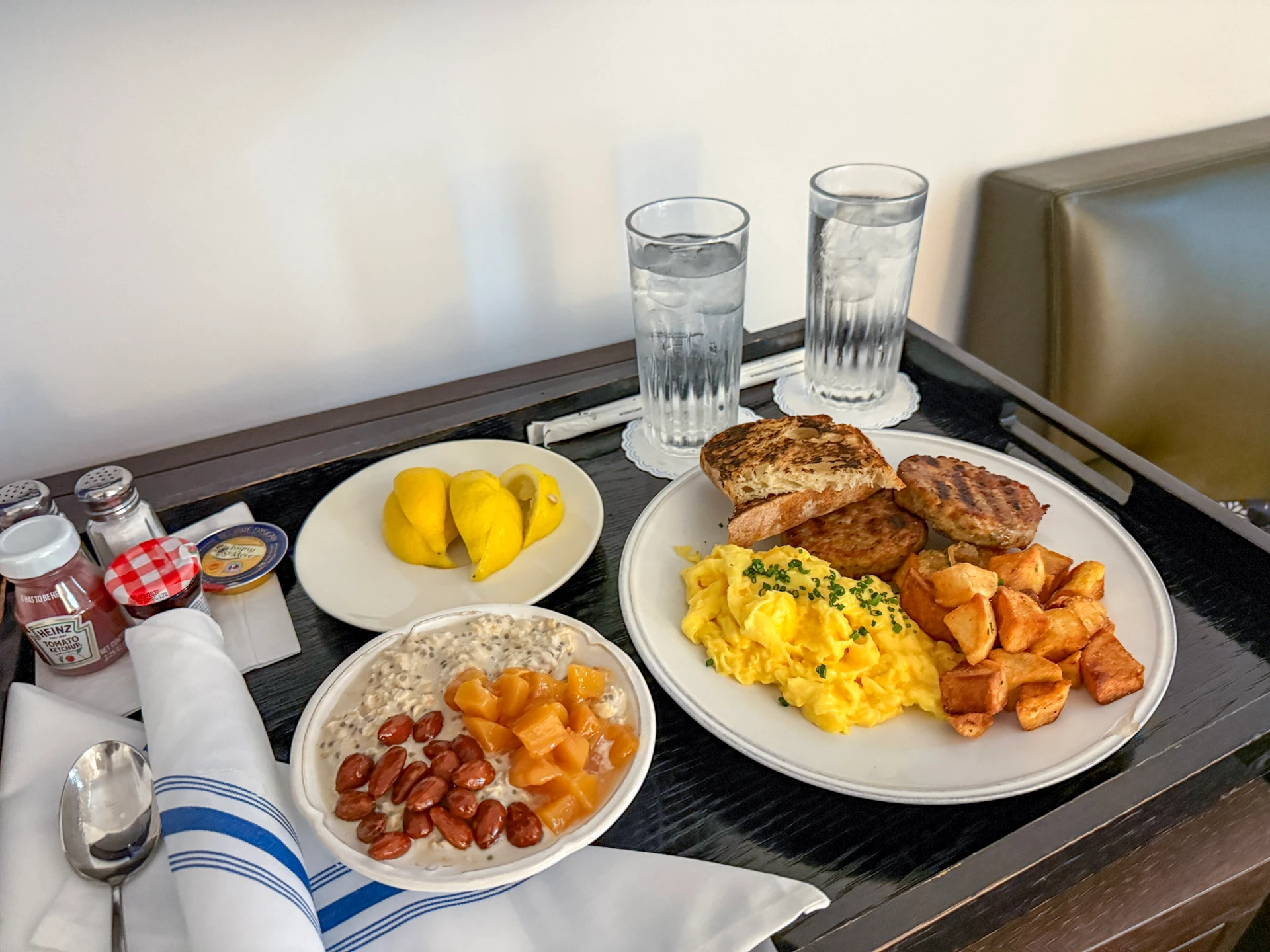 Our overnight oats and eggs for breakfast via in-room dining.