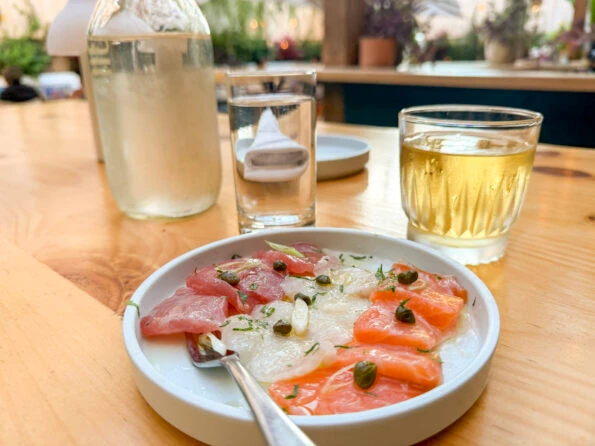 My excellent crudo and wine at Gilligan's the outdoor dining restaurant at Soho Grand.