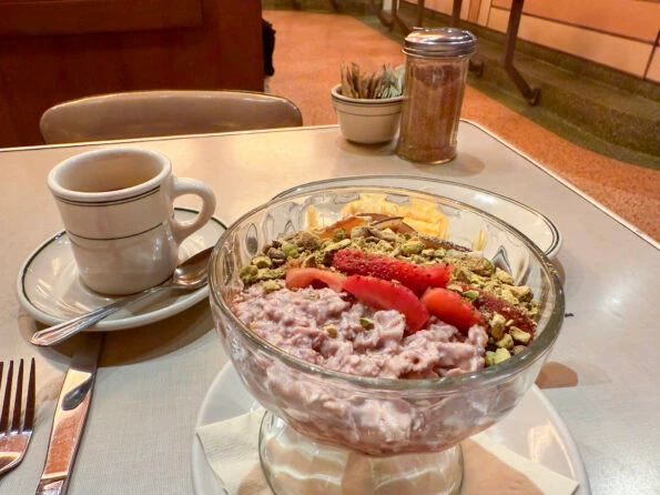 Overnight oats and coffee on the table at Soho Diner.