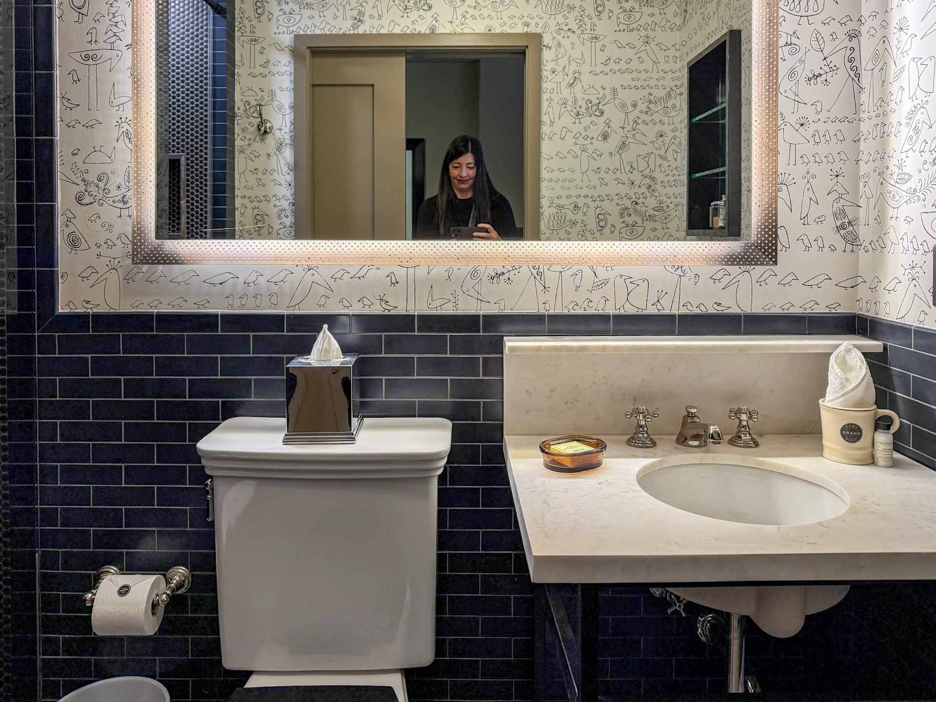 Soho Grand bathroom with bird wallpaper, mirror, sink area.