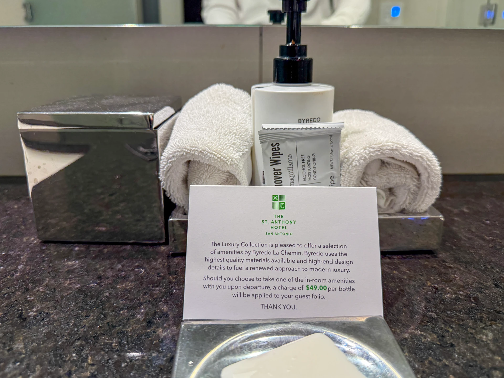 Bath amenities inside my bathroom at The San Antonio Hotel.