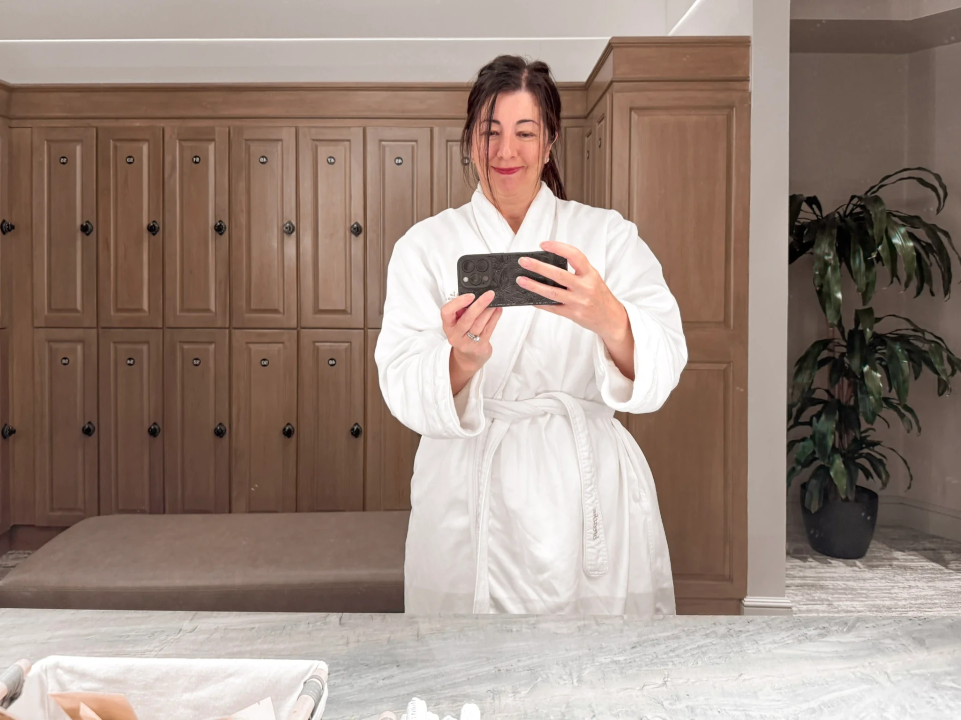 Me taking a selfie in the mirror at Miraval Spa in Aviara which I had to review.