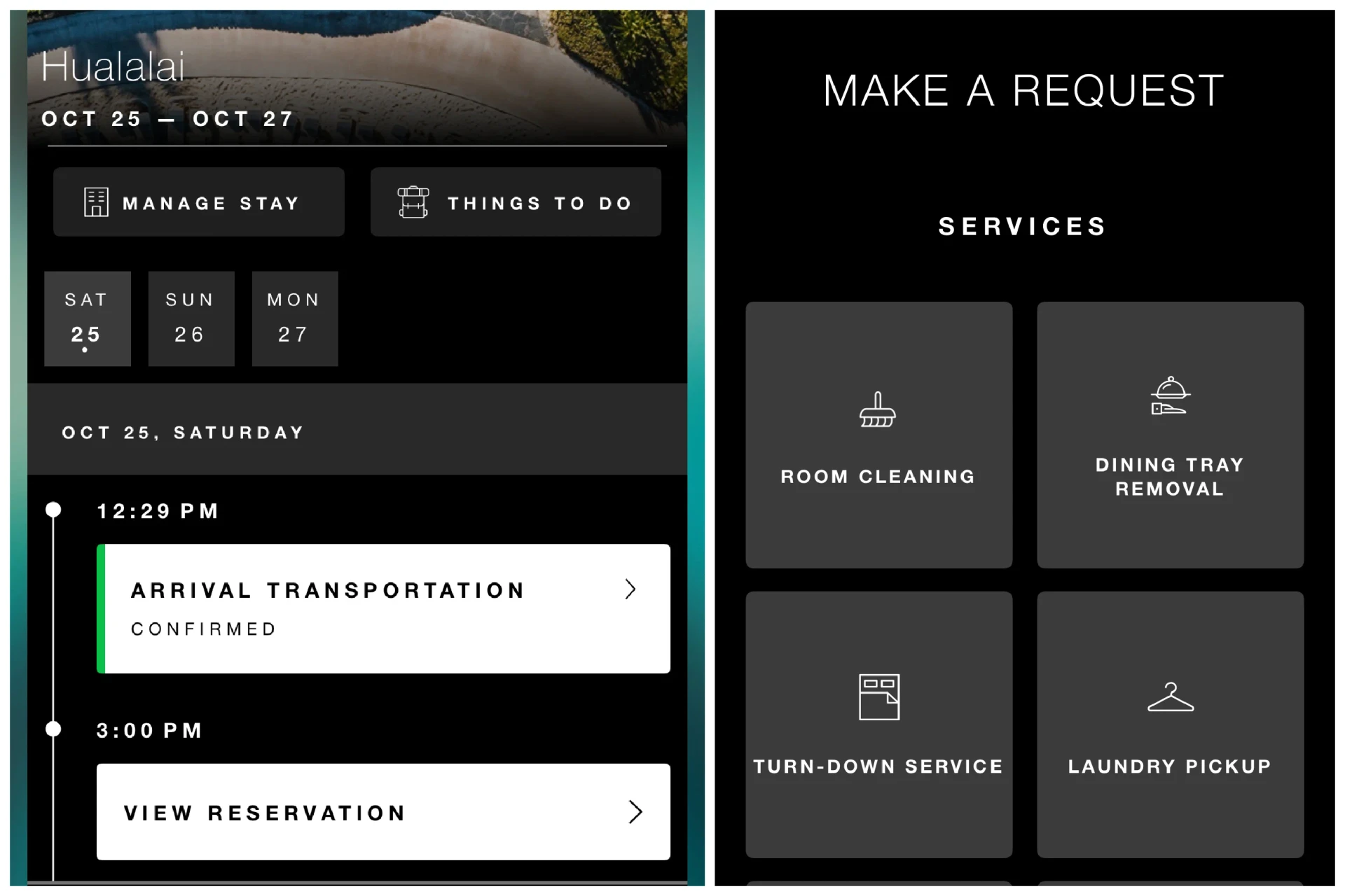 Four Seasons app screenshots showing an online itinerary where to make special requests.