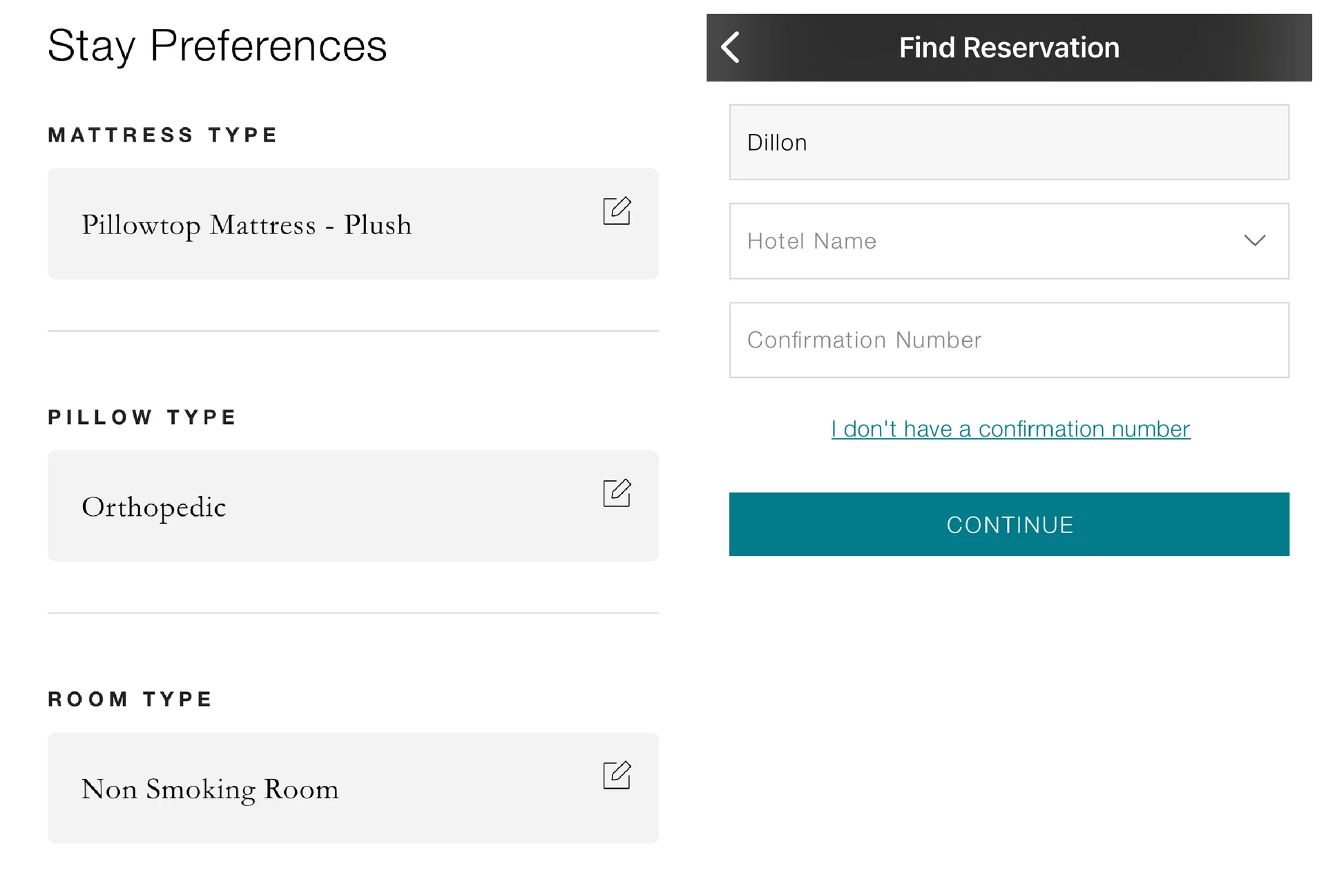 Screenshots showing where to make bedding preferences and how to link a reservation.