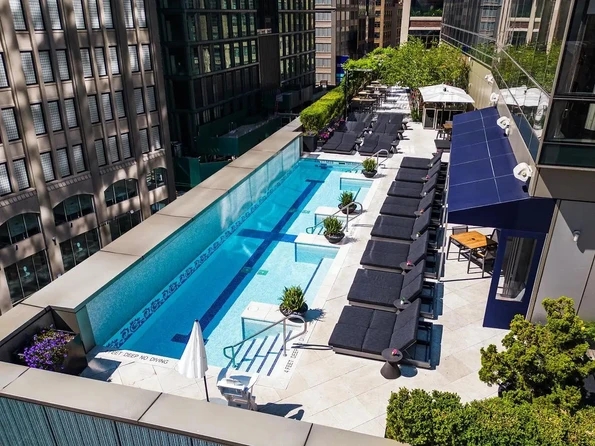 The rooftop pool deck in summer.