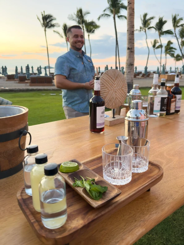 Bottles of mixers and alcohol on our table for Mai Tai class.