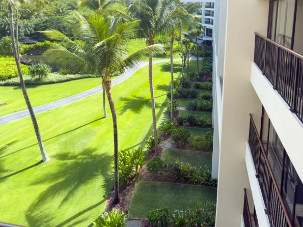 View down to the grassy area that some garden rooms have at their back doors.