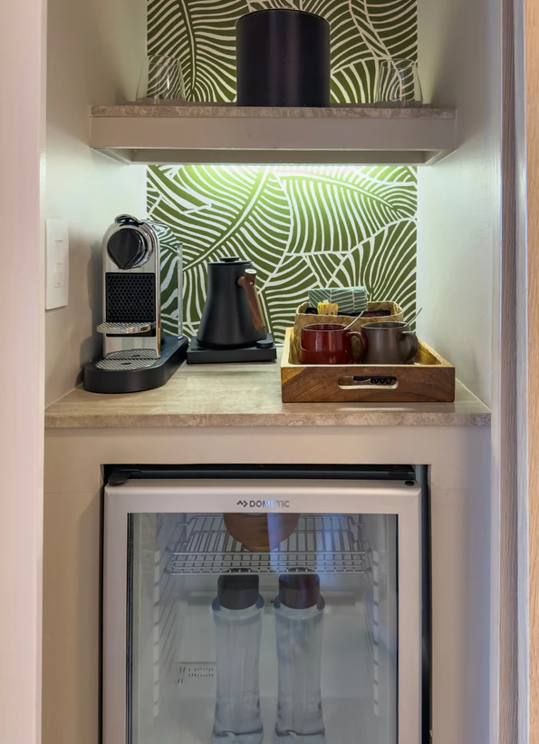 The in-room coffee and filtered water.