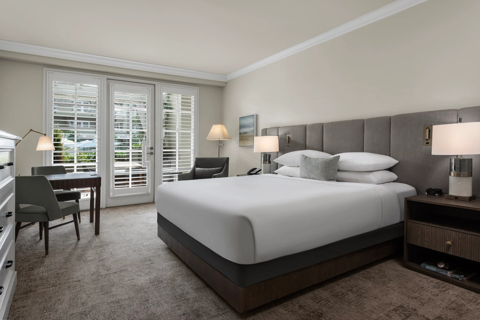 Muted grey, contemporary interior of the Cabana King room.