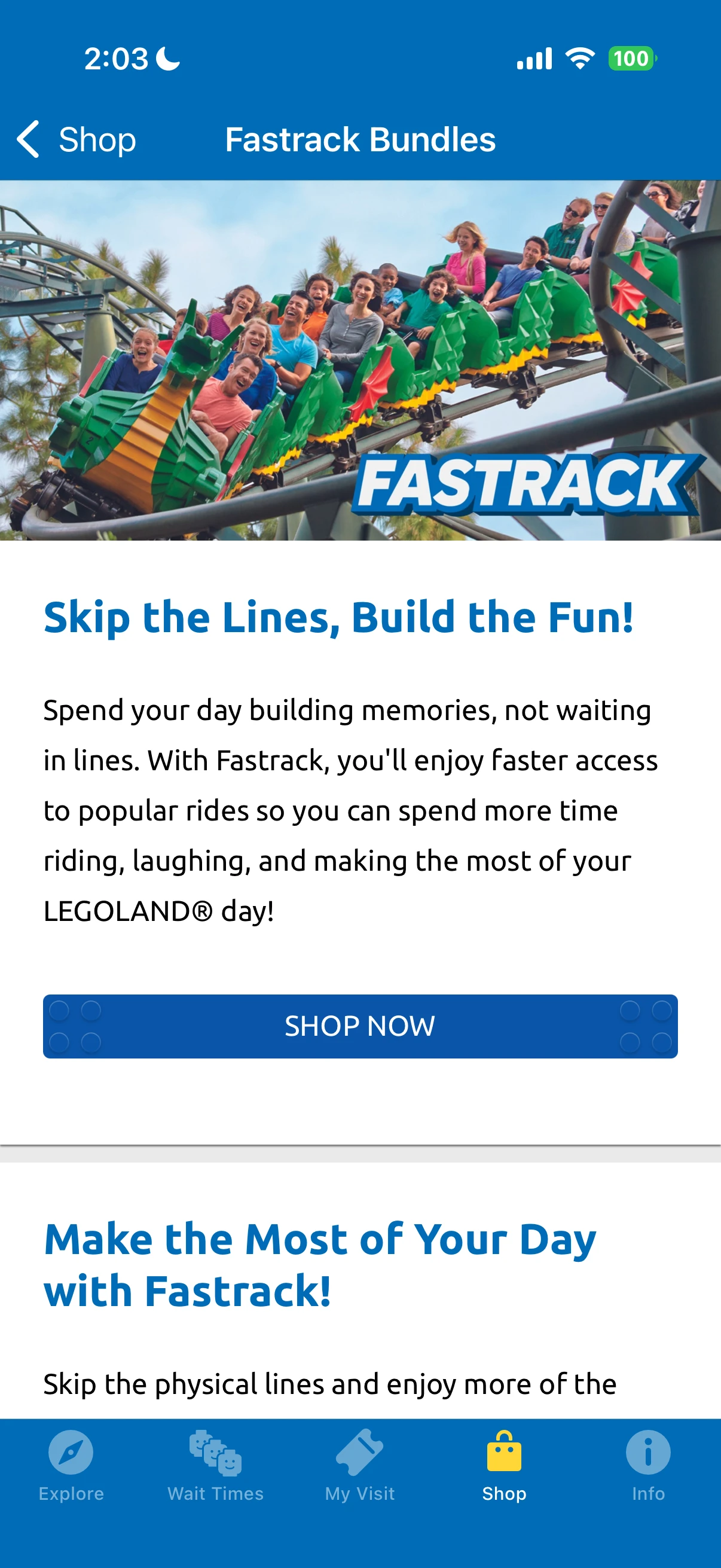 A screenshot from my LEGOLAND app showing where to buy Fastrack.