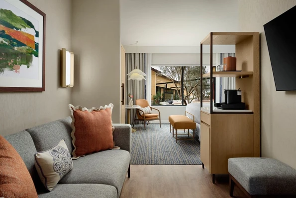 The seating area with view into master bedroom at Hotel Solea.