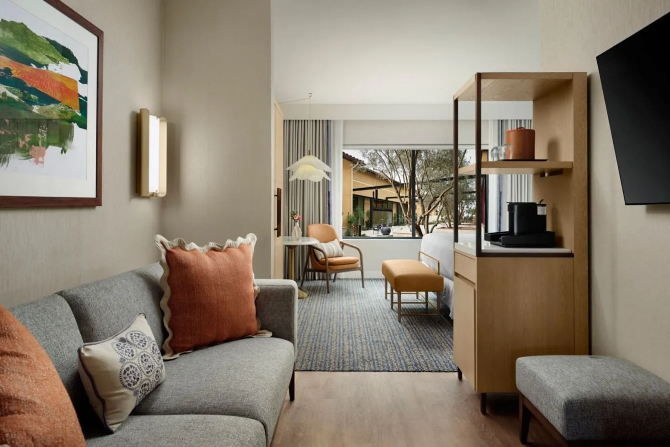 The seating area with view into master bedroom at Hotel Solea.