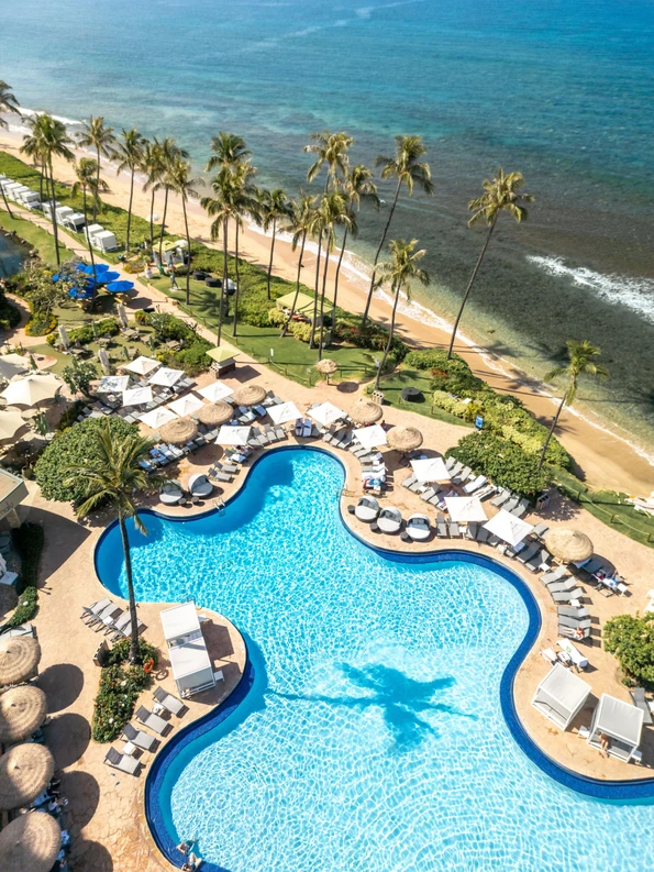 Aerial view of pool to the beach.