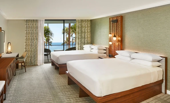 Two queen beds Oceanfront room interior at Hyatt Regency Maui.