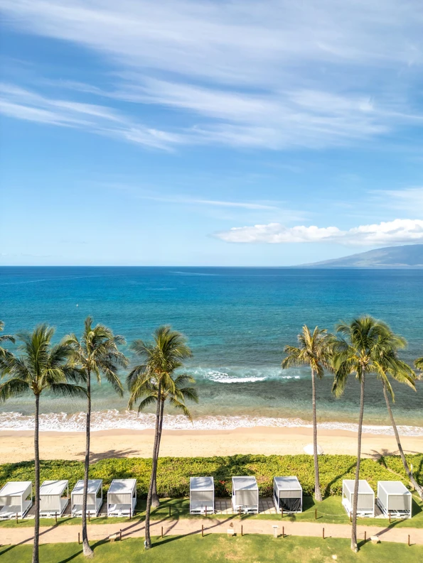 Ocean view over the beach and cabanas at Hyatt Regency Maui in Kaanapali.