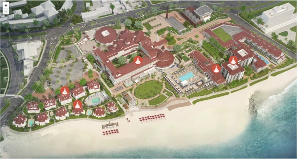 An illustrated map of Hotel del Coronado showing the resort layout and the location of its buildings along the beach.