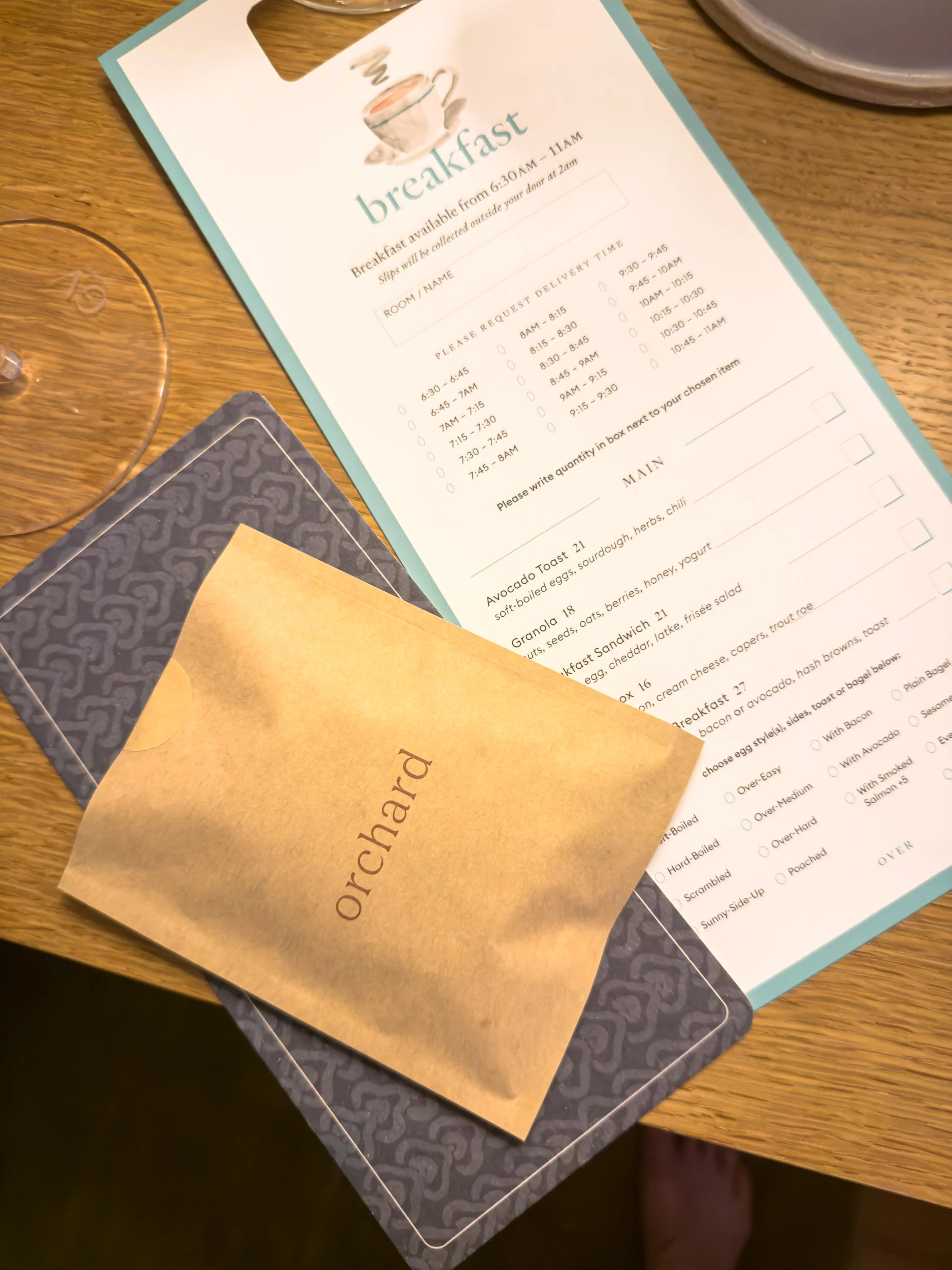 The in-room breakfast order card at Nine Orchard