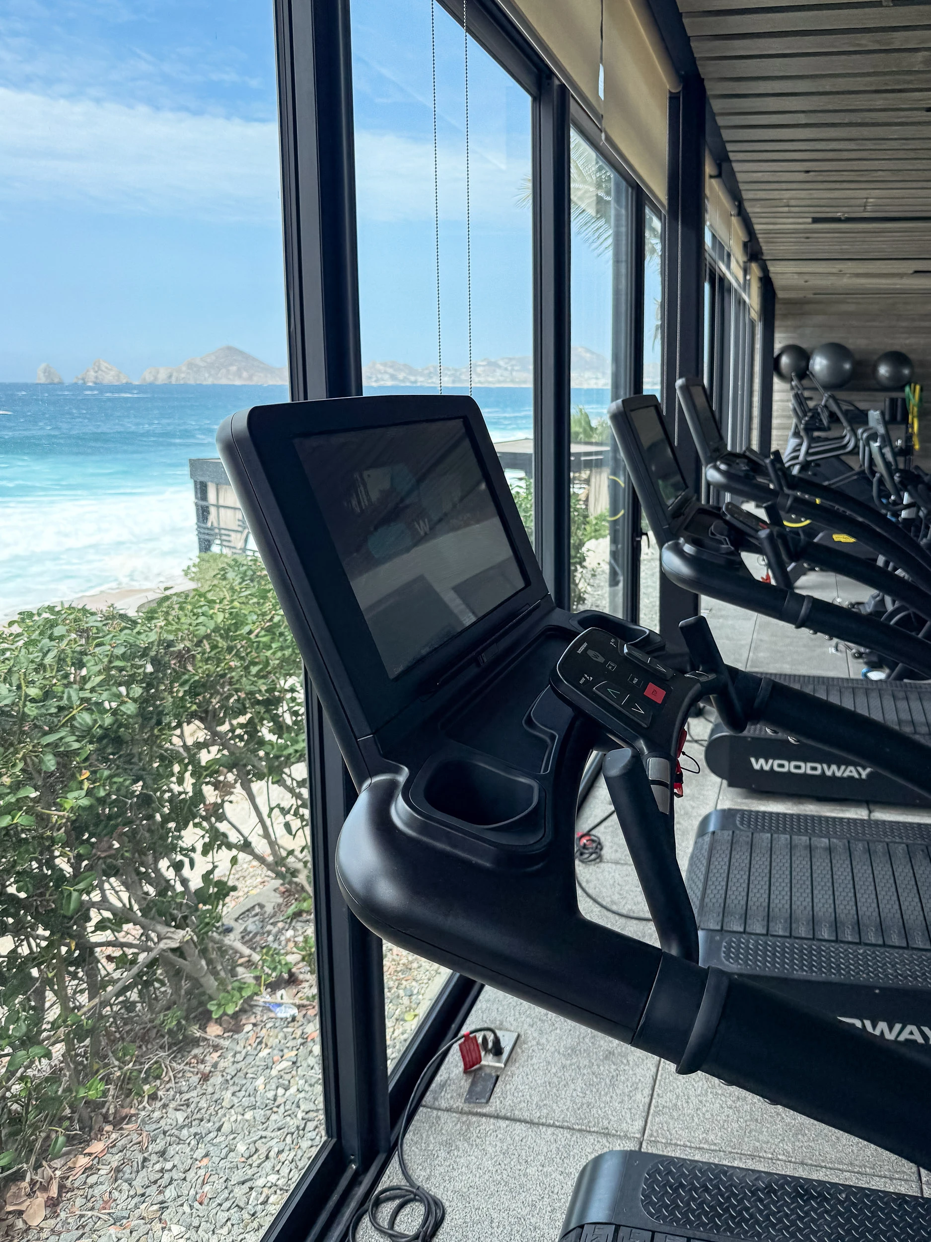 Treadmills facing floor-to-ceiling ocean views in the fitness center at The Cape, a Thompson Hotel