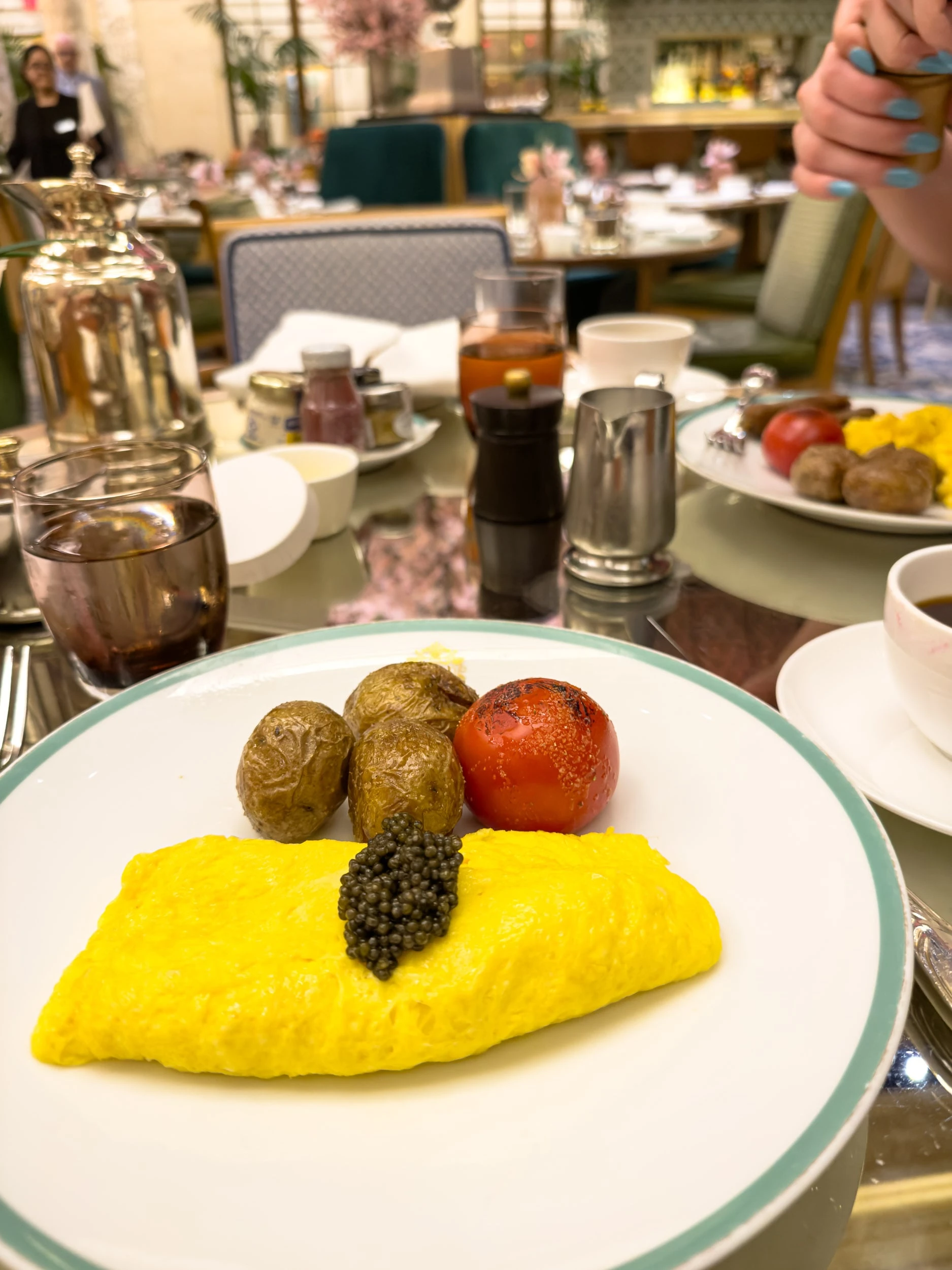 Breakfast omelette served with caviar and fresh fruit at The Plaza Hotel New York