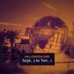 The Universal Studios Hollywood globe in Halloween colors with a tag reading Halloween 2026, Sept. 3 to Nov. 1