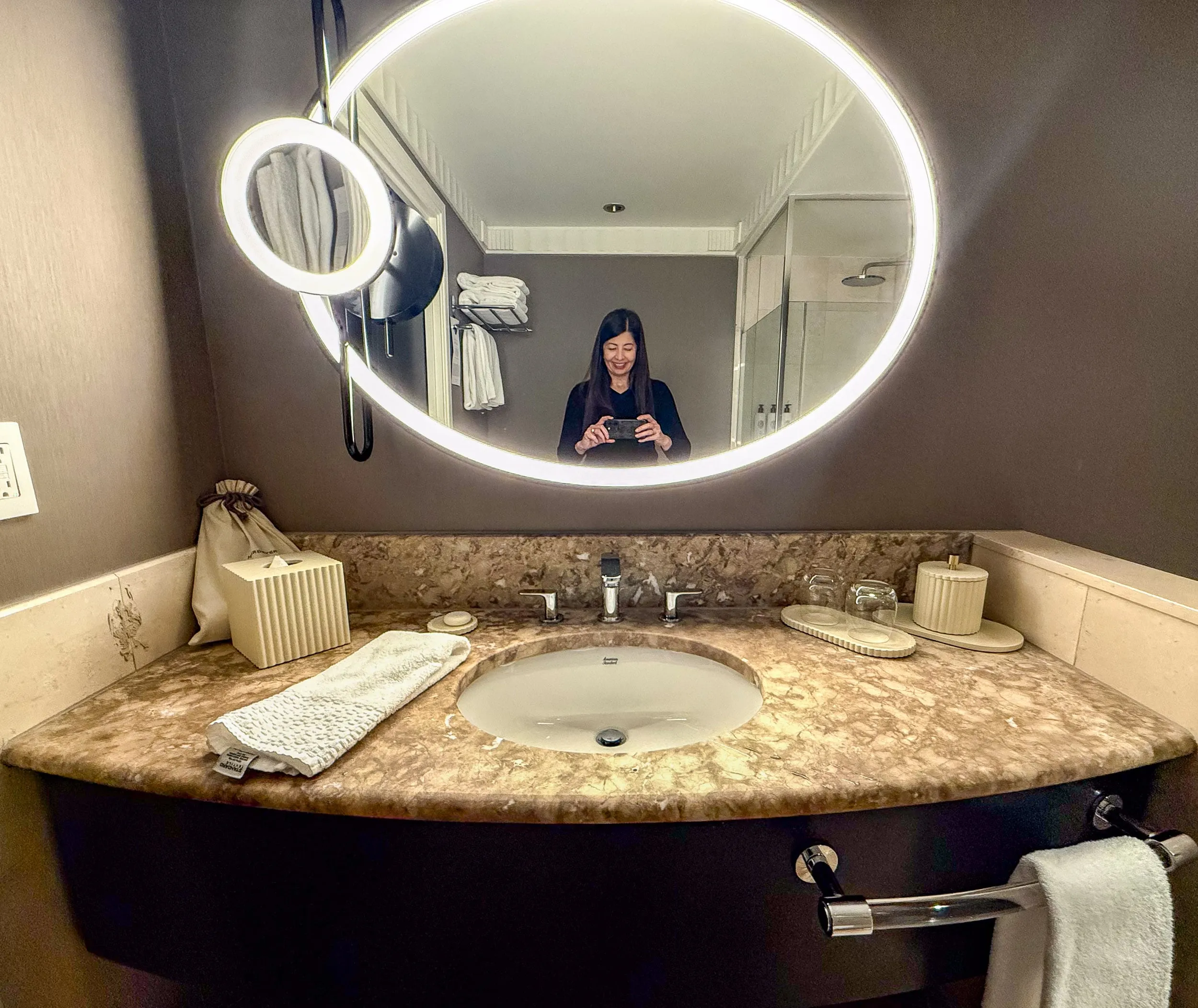 The bathroom sink area at Sofitel New York City.