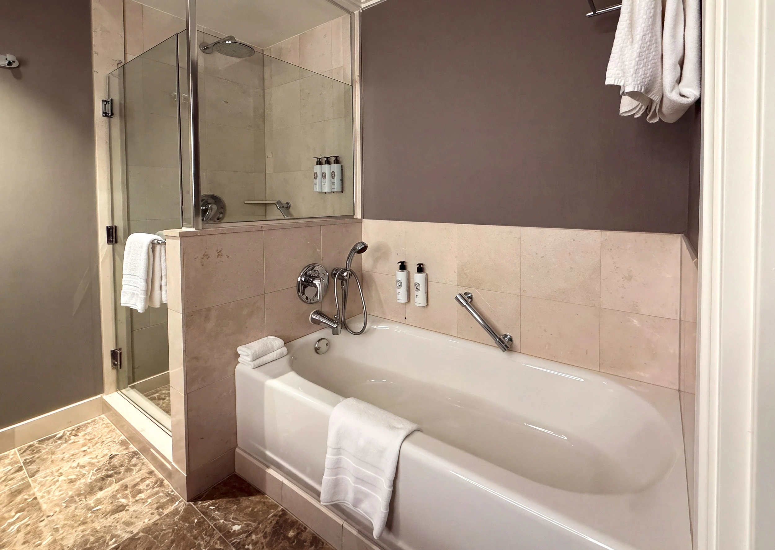 The shower and separate bath tub at Sofitel New York City.