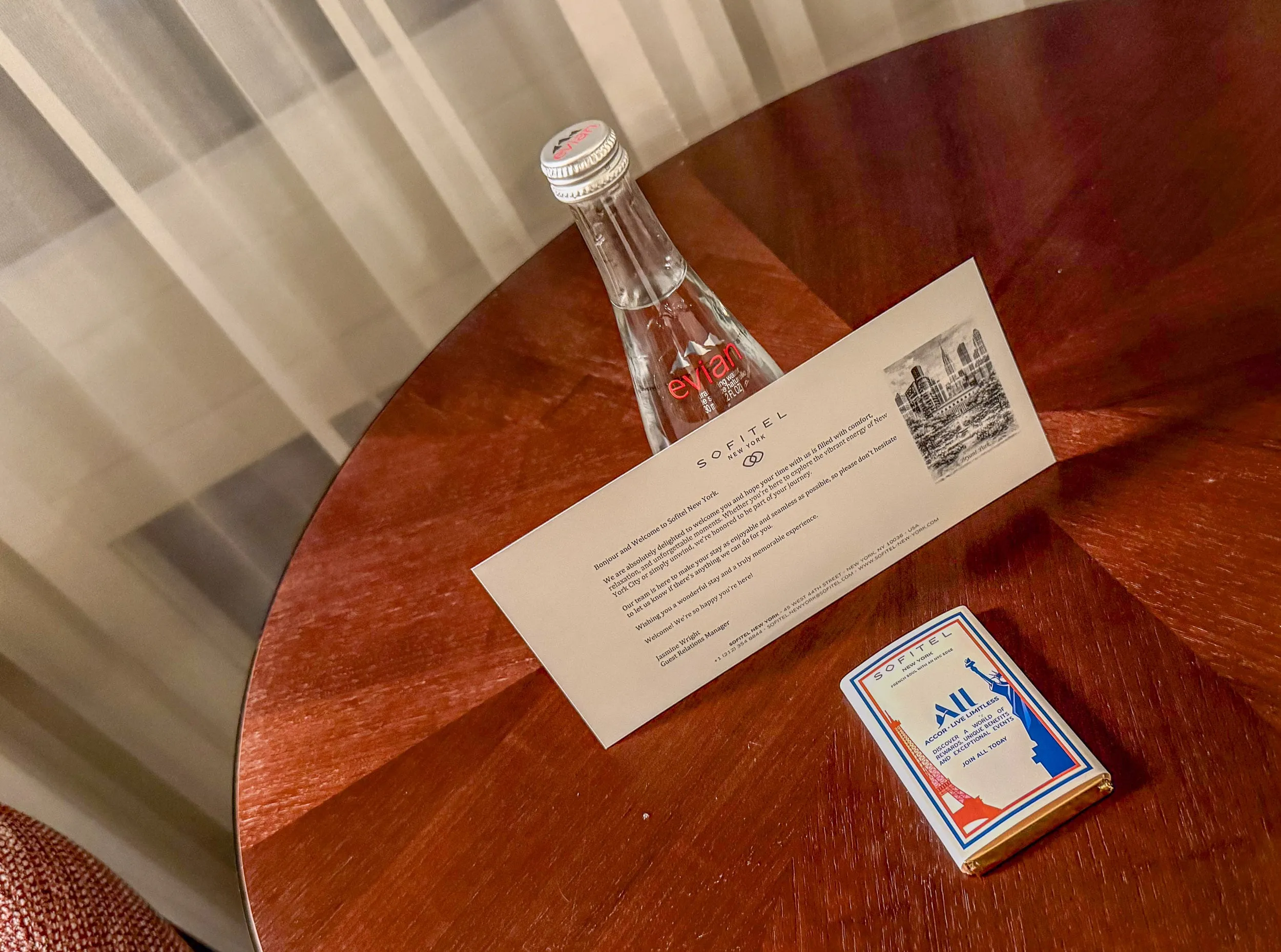 An Evian and chocolate bar as my Accor Preferred welcome amenity.