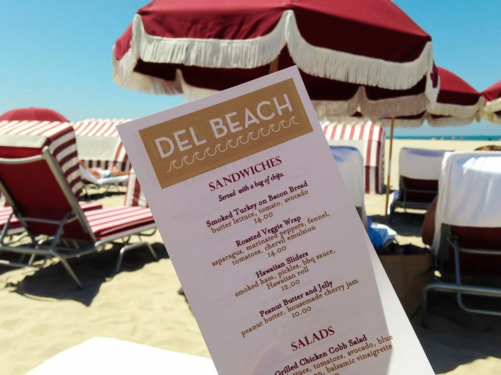 A Del Beach food and drink menu from our prior visit.