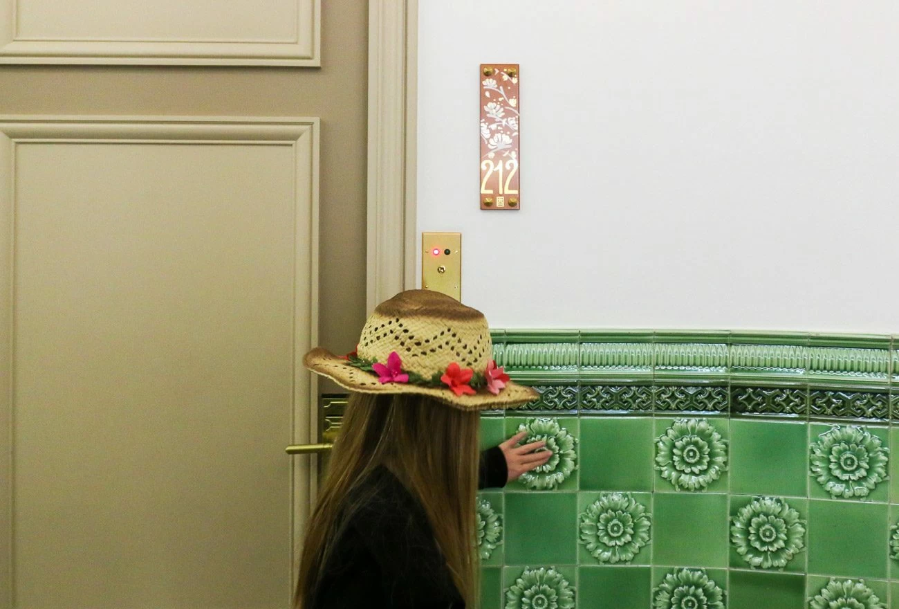 Pretty green tiles outside our room at Hotel Regina in Paris
