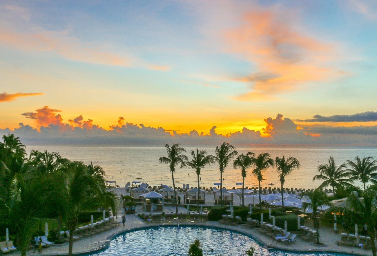 Sunset over Seven Mile Beach from an ocean front room at The Ritz-Carlton, Grand Cayman.