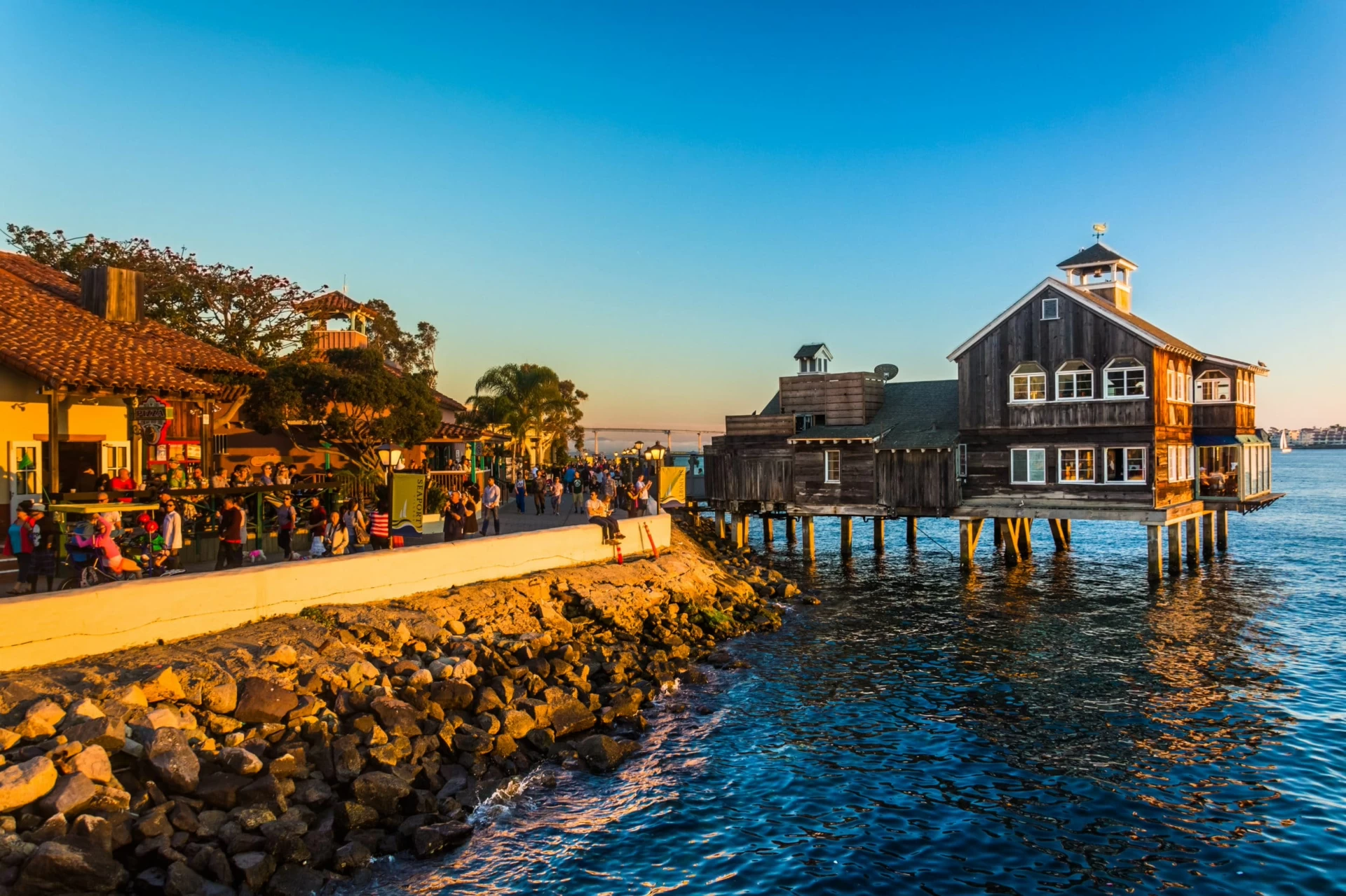 View of the Seaport Village shops and restaurants from the water for family fun in San Diego.