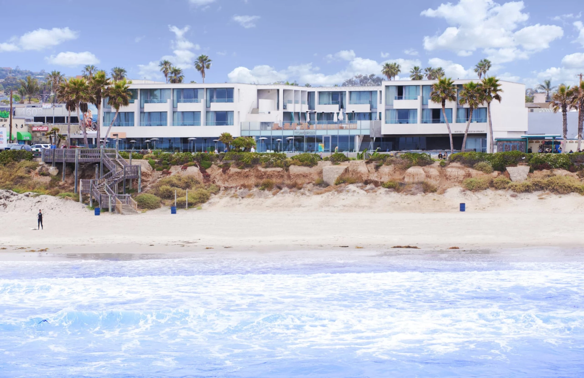 Exterior view from the ocean looking toward Tower23 Hotel