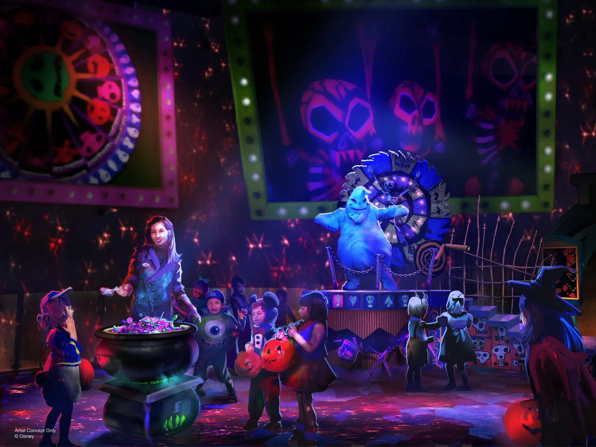 A rendering of kids trick-or-treating on a treat trail with Oogie Boogie in the background at Disney California Adventure park.