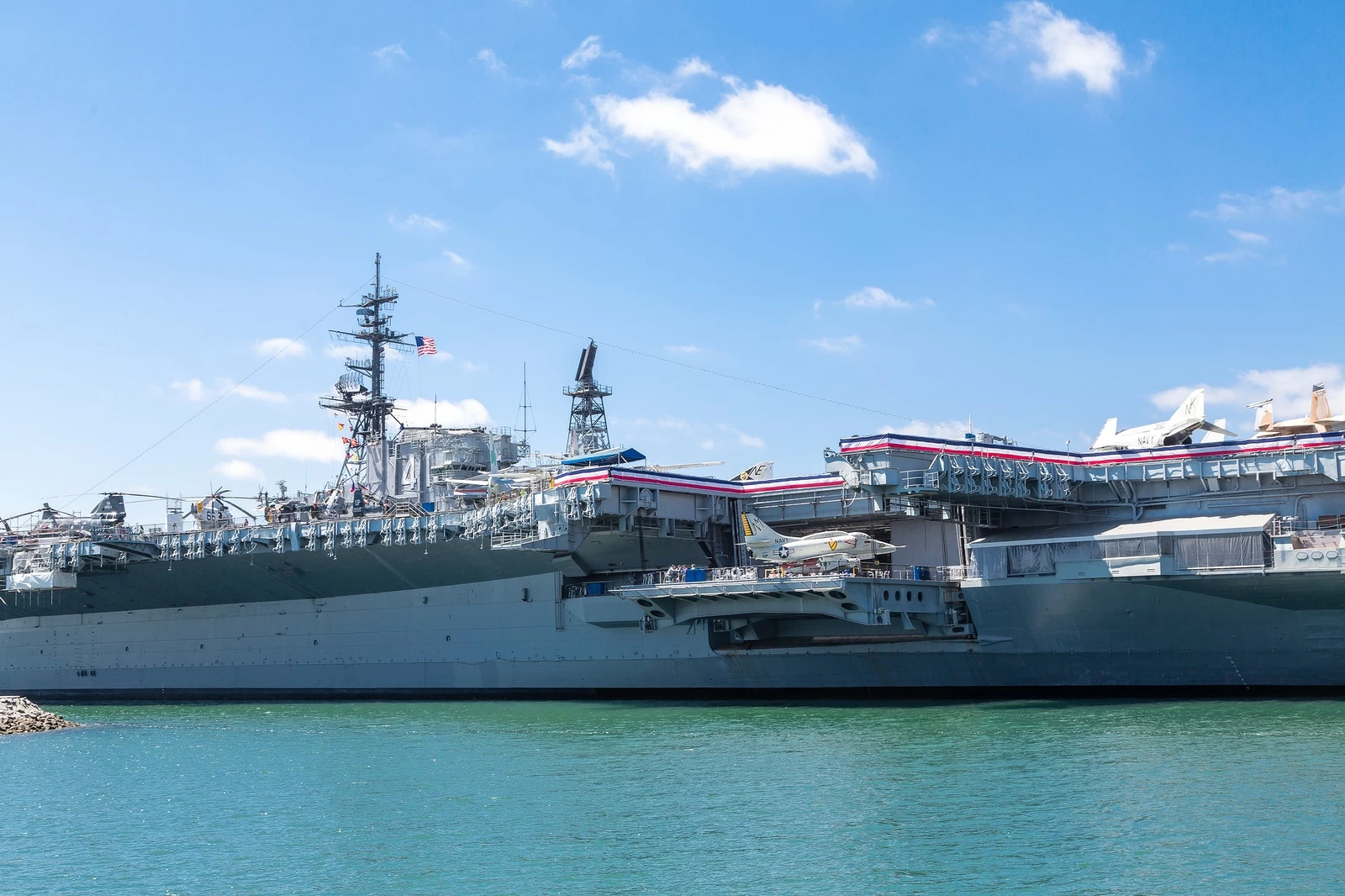 View of the USS Midway from the Embarcadero and the planes on the flight deck.