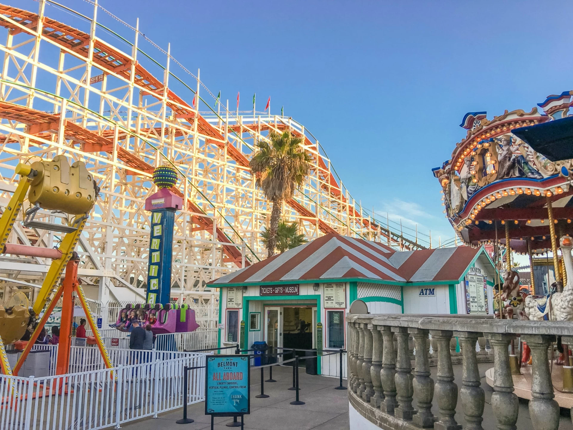 Belmont Park ticket booth with the Big Dipper roller coaster in the background.