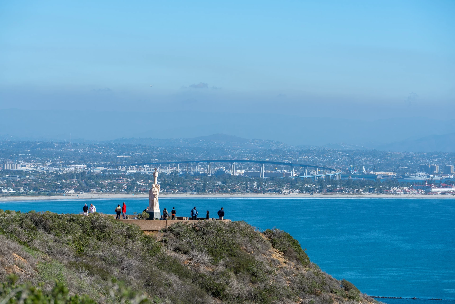 The view of the statue and bay at Cabrillo National Monument