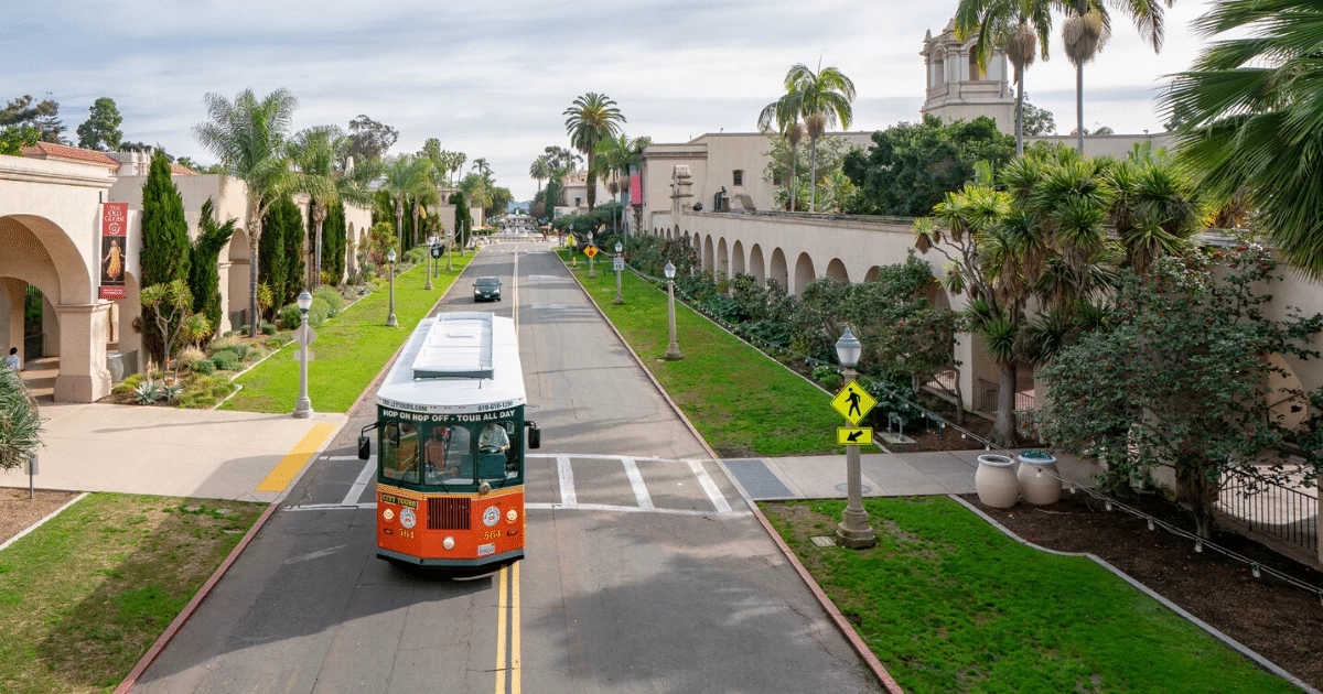 old town trolley car drives through Balboa Park.