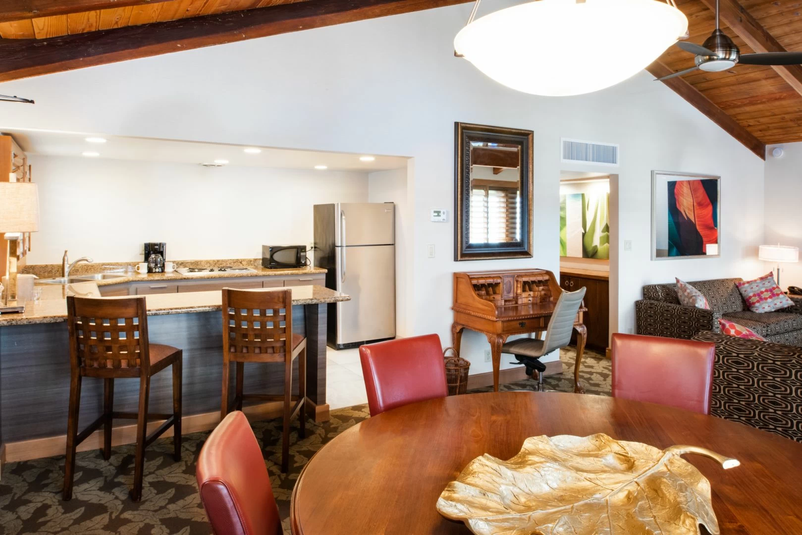 A kitchen in a room at Humphrey's Half Moon Bay Inn on Shelter Island San Diego.